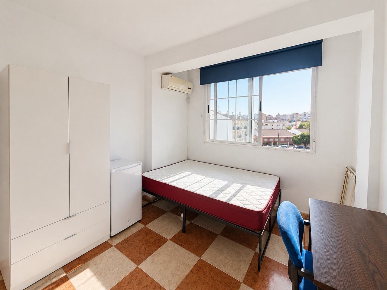 Room H61 · wardrobe, mini-fridge, bed and large window