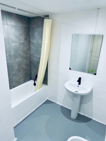 Shared bathroom · bath with shower, washbasin and mirror
